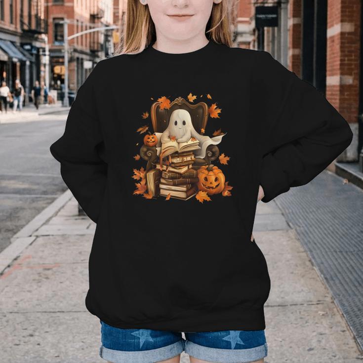 Vintage Ghost Book Reading Pumpkin Gothic Halloween Teachers Youth Crewneck Sweatshirt