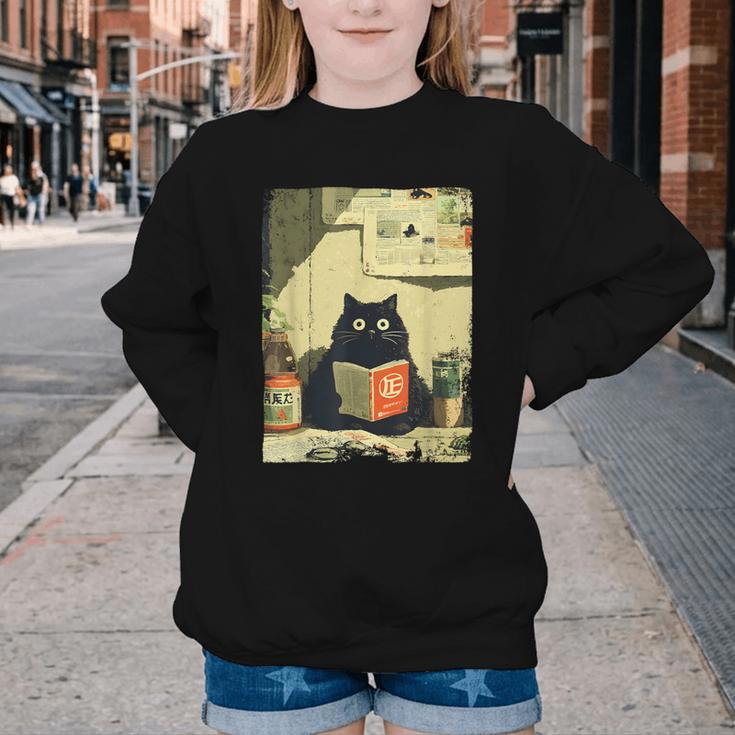 Vintage Japanese Cat Book Lovers Librarian Cat Dad Teacher Youth Crewneck Sweatshirt