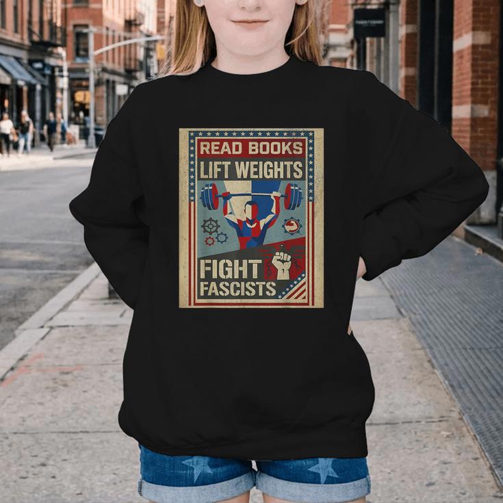 Vintage Style Read Books Lift Weights Fight Fascists Retro Youth Crewneck Sweatshirt