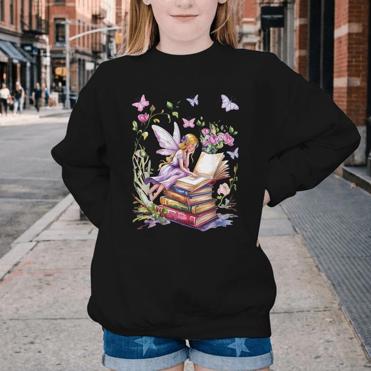 Watercolor Butterfly Fairy Read Book Library Fantasy Novel Youth Crewneck Sweatshirt Watercolor Butterfly Fairy Read Book Library Fantasy Novel Youth Crewneck Sweatshirt