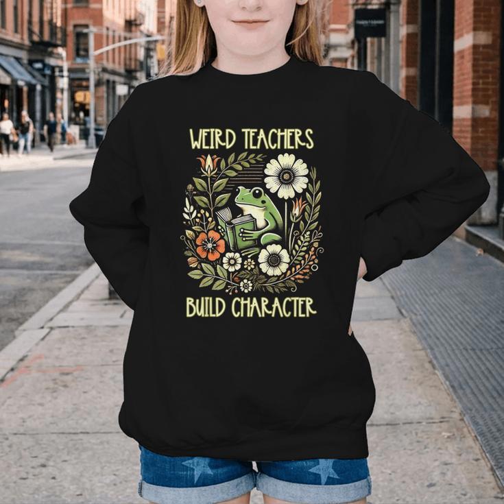 Weird Teachers Build Character Frog Reading Book Librarian Youth Crewneck Sweatshirt