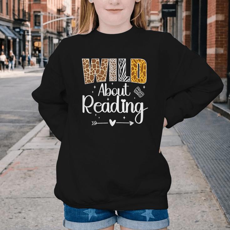 Wild About Reading Book Lover Bookworm Library Day Youth Crewneck Sweatshirt