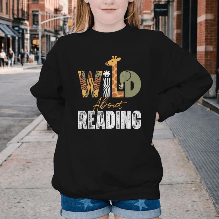 Wild About Reading Books Animal Theme Bookworm Library Day Youth Crewneck Sweatshirt