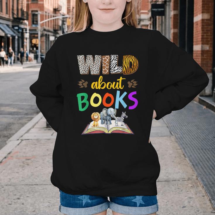 Wild About Reading Books Reader Bookworm Animals Book Lover Youth Crewneck Sweatshirt