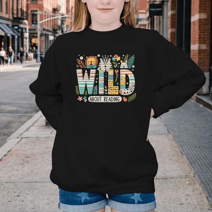 Wild About Reading Bookworm Book Reader Zoo Animals Youth Crewneck Sweatshirt