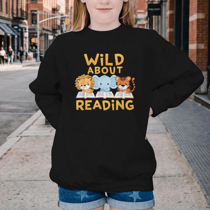 Wild About Reading Cute Animal Book Lover Kids Youth Crewneck Sweatshirt Wild About Reading Cute Animal Book Lover Kids Youth Crewneck Sweatshirt