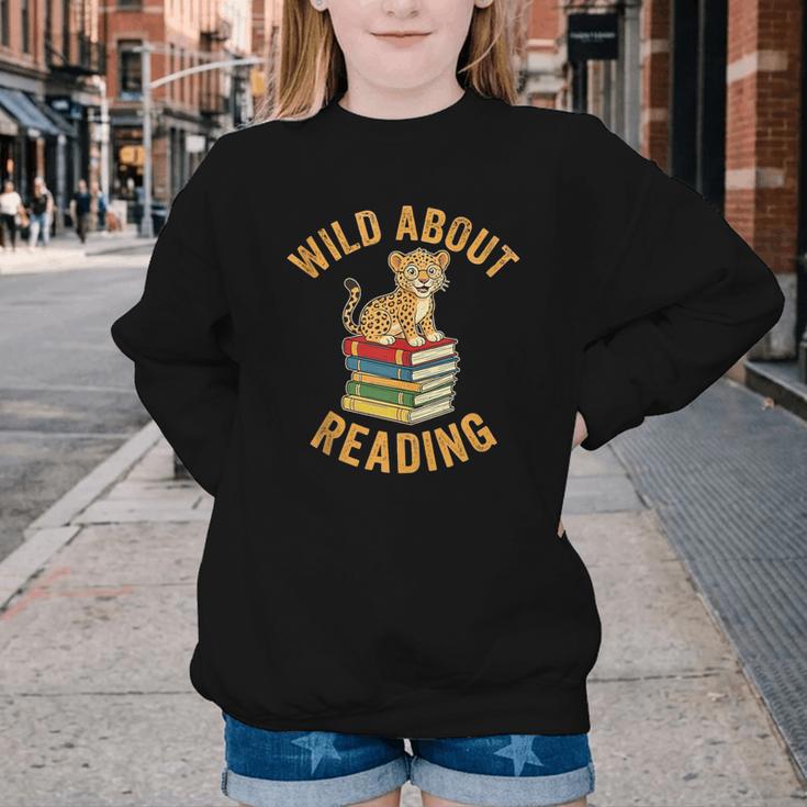 Wild About Reading Cute Leopard Teacher Kids Book Lover Youth Crewneck Sweatshirt