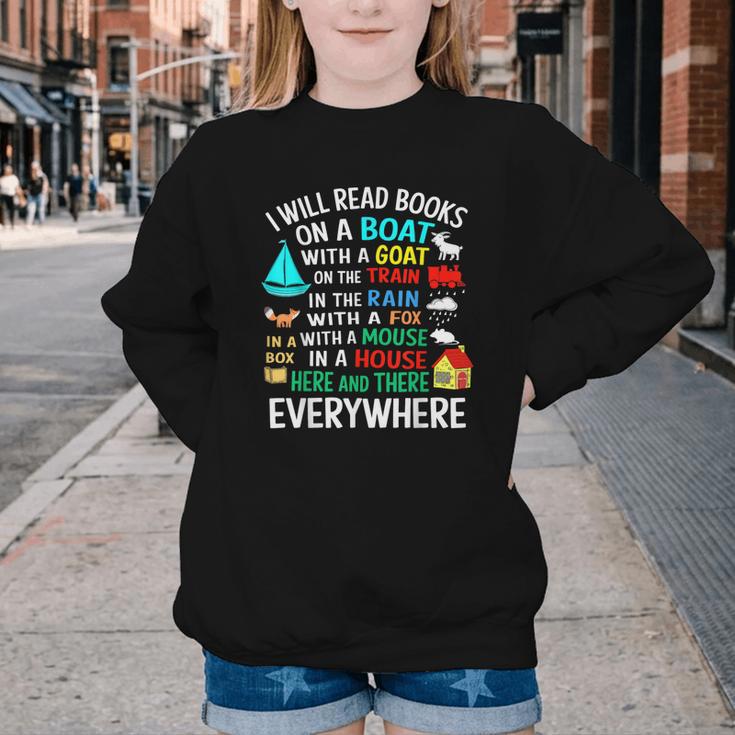 I Will Read Books On A Boat & Everywhere Youth Crewneck Sweatshirt I Will Read Books On A Boat & Everywhere Youth Crewneck Sweatshirt