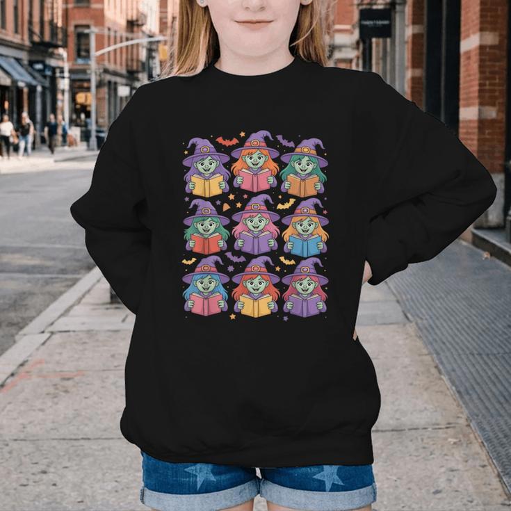 Witches Reading Books Halloween Cute Teens Kids Youth Crewneck Sweatshirt