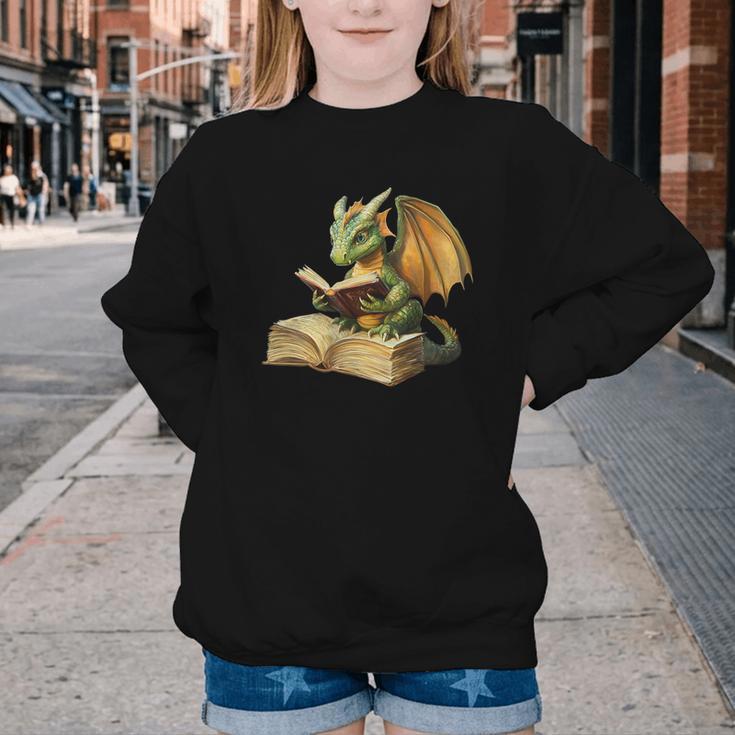 Women's Dragon Bookworm Reading Book Graphic Youth Crewneck Sweatshirt