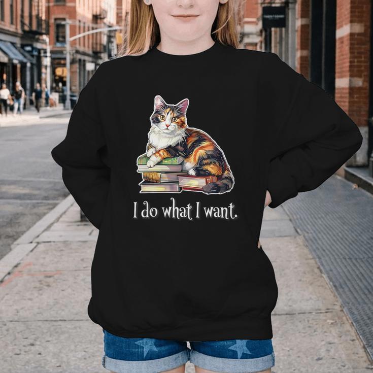 Womens Girls Books I Do What I Want Calico Cat Lover Youth Crewneck Sweatshirt Womens Girls Books I Do What I Want Calico Cat Lover Youth Crewneck Sweatshirt