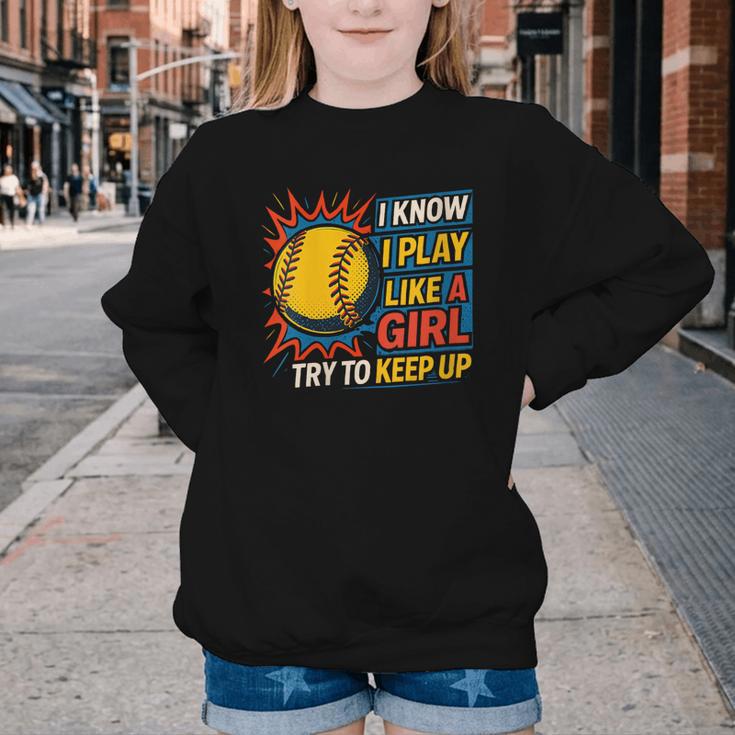 Women's Girls Softball Play Like A Girl Comic Book Pop Art Youth Crewneck Sweatshirt