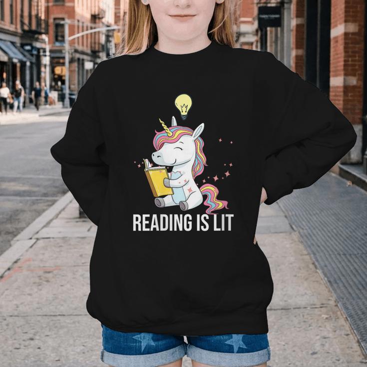 Women's Reading Is Lit Unicorn Library English Teacher Book Lover Youth Crewneck Sweatshirt