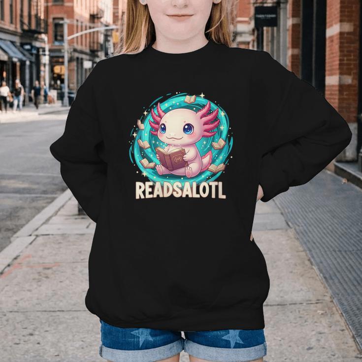 Women's Readsolotl Kawaii Axolotl Reading Book Lover Youth Crewneck Sweatshirt