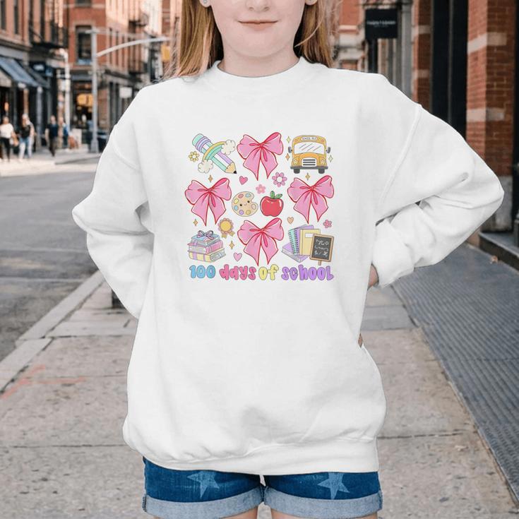 100 Days Of School Coquette Bow School Bus Pencil Books Youth Crewneck Sweatshirt