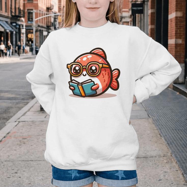 Adorable Book Lover Salmon With Reading Glasses Cute Youth Crewneck Sweatshirt