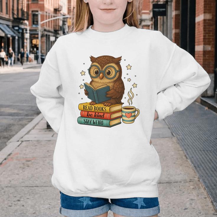 Book Lover Owl Reading Bookish Library Read Books Be Kind Youth Crewneck Sweatshirt