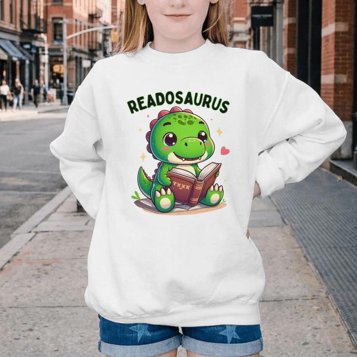 Book Lover Reading Dinosaur Readosaurus Library Youth Crewneck Sweatshirt