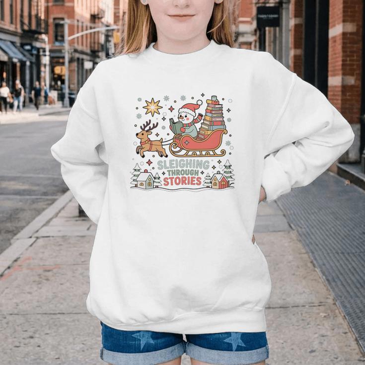 Book Lovers Winter Sleighing Through Stories Tee Premium Tri-Blend Youth Crewneck Sweatshirt