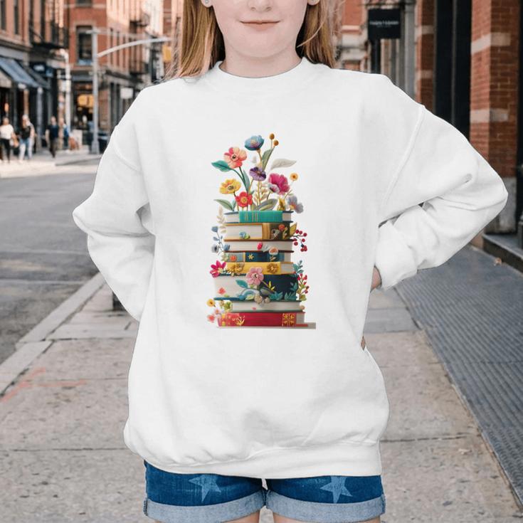 Book Stack With Flowers Reading Lover Bookish Youth Crewneck Sweatshirt