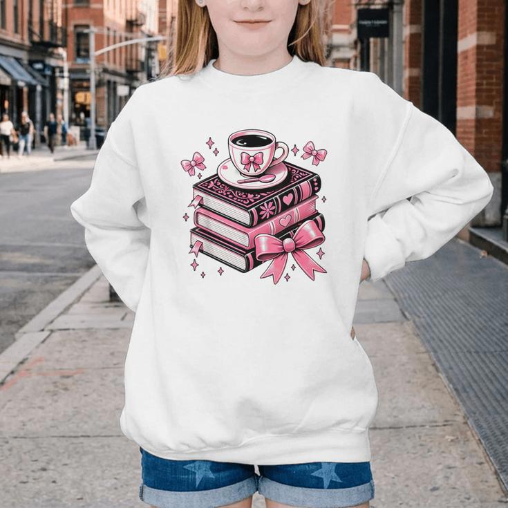 All Booked For Valentine's Teacher Coquette Bow Coffee Book Youth Crewneck Sweatshirt