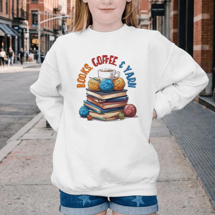 “Books Coffee & Yarn Enthusiast Cozy Reader Youth Crewneck Sweatshirt