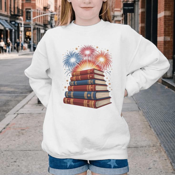 Books Fireworks 4th Of July Bookworm Patriotic Reader Youth Crewneck Sweatshirt