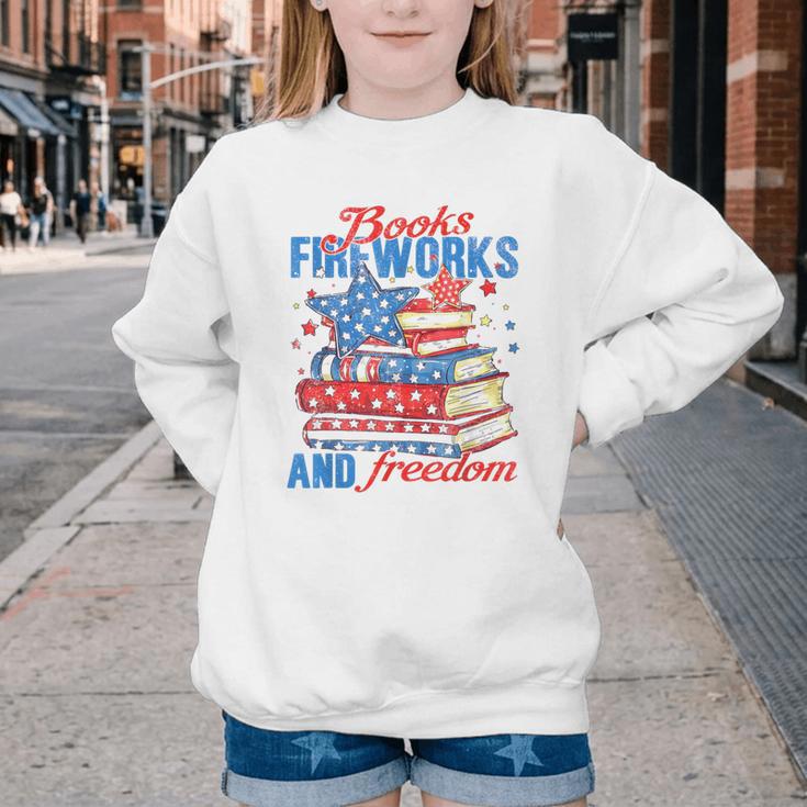 Books Fireworks And Freedom 4th Of July Book Lover Youth Crewneck Sweatshirt