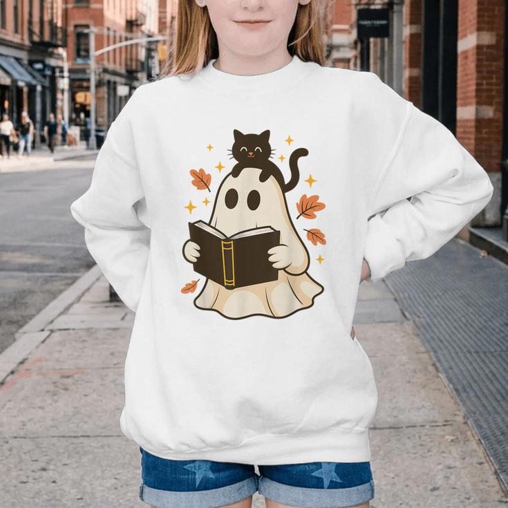 Books Ghost Reading Book Halloween Library Cat Fall Youth Crewneck Sweatshirt