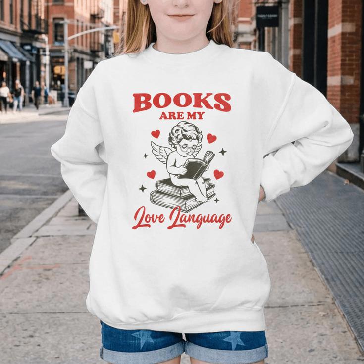 Books Are My LoveLanguage Cupid Valentines Youth Crewneck Sweatshirt
