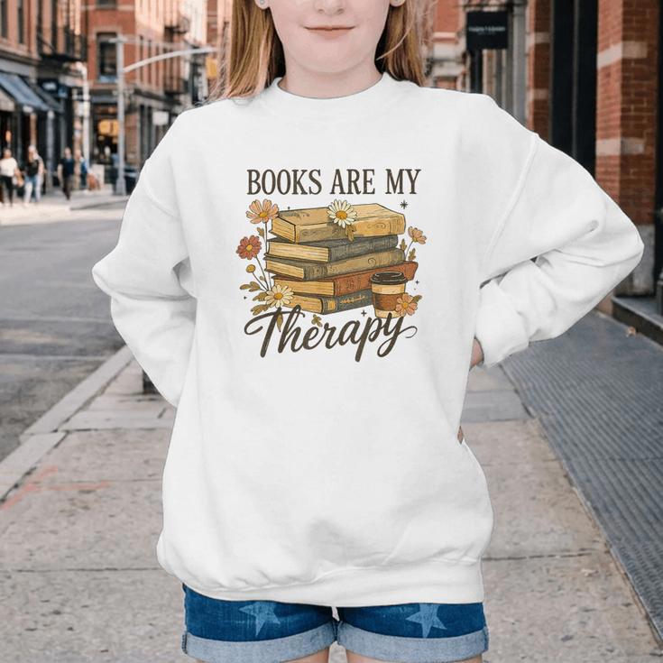 Books Are My Therapy Vintage Book Lover Daisy Art Youth Crewneck Sweatshirt