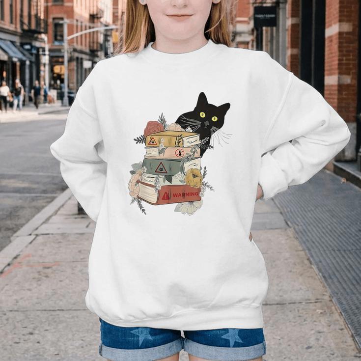 Cat And Books Flowers Reading Club Cat Lover Bookworm Youth Crewneck Sweatshirt