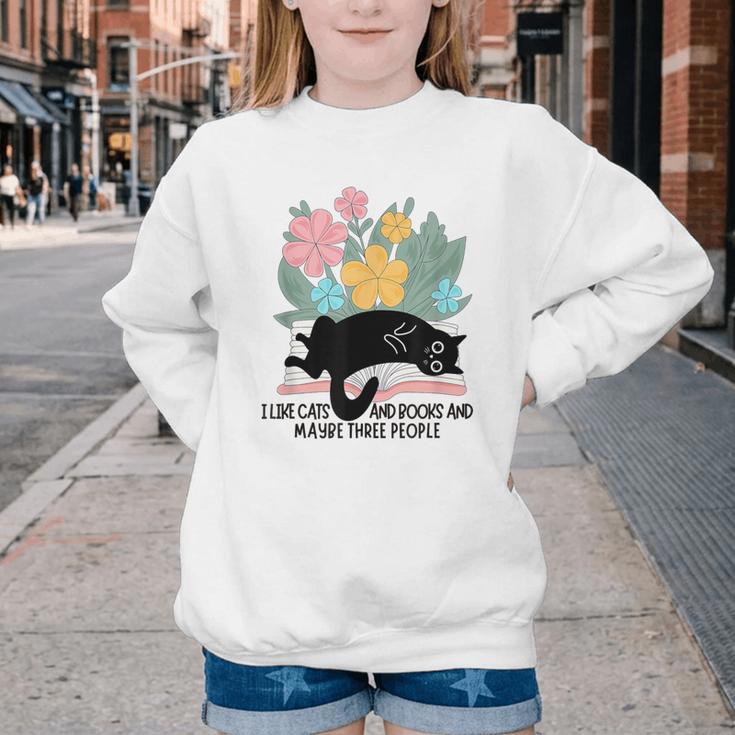 Cat Meme I Like Cats And Books And Maybe Three People Youth Crewneck Sweatshirt