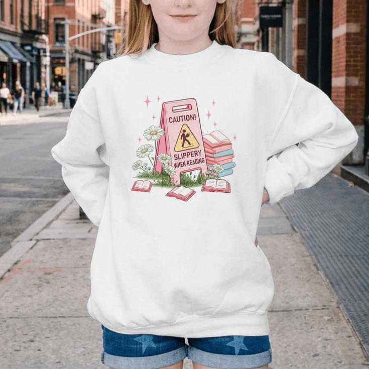 Caution Slippery When Reading Book Reader Youth Crewneck Sweatshirt