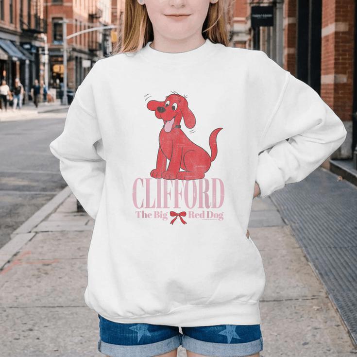 Clifford The Big Red Dog Pink Text With Bow Illustrated Book Youth Crewneck Sweatshirt