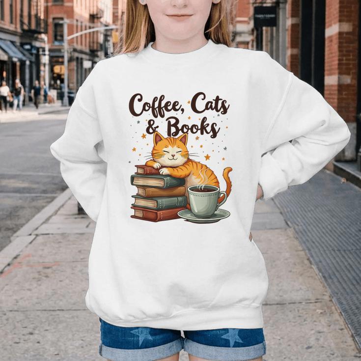 Coffee Cats And Books Lover For Women & Girls Coffee Youth Crewneck Sweatshirt