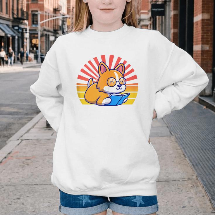 Corgi Dog Reading Book Book Lover Dog Lover Youth Crewneck Sweatshirt