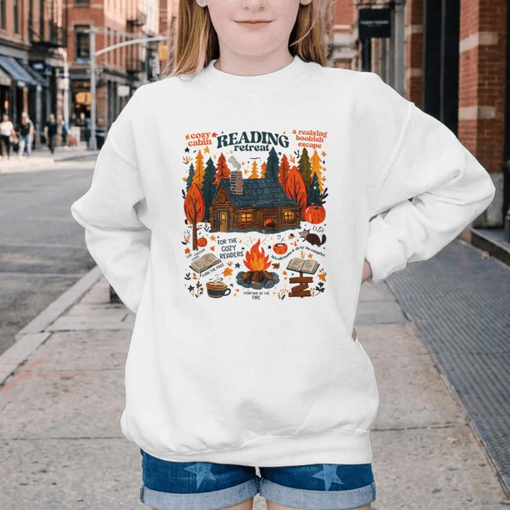 Cozy Reading Cabin Retreat Fall Bookish Autumn Cozy Reader Youth Crewneck Sweatshirt