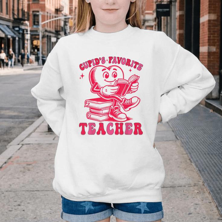 Cupid's Favorite Teacher Valentines Day Heart Book Lover Youth Crewneck Sweatshirt
