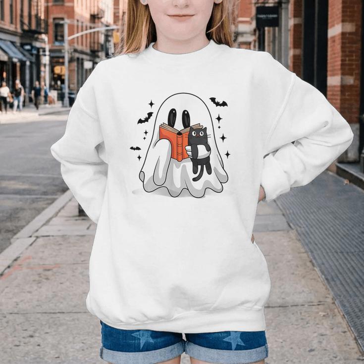 Cute Halloween Ghost Reading Book Youth Crewneck Sweatshirt