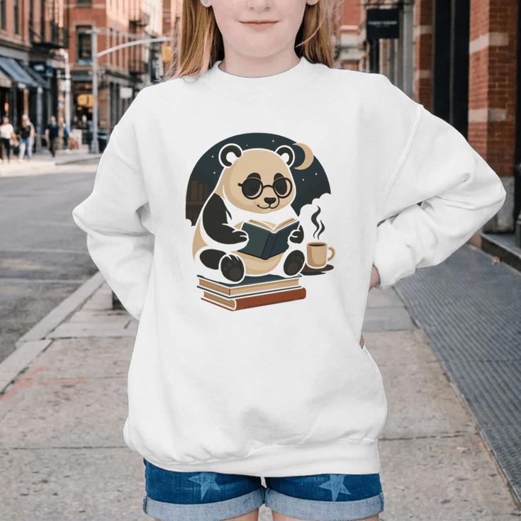 Cute Panda Reading Book Under Moon Bookworm Coffee Lover Youth Crewneck Sweatshirt