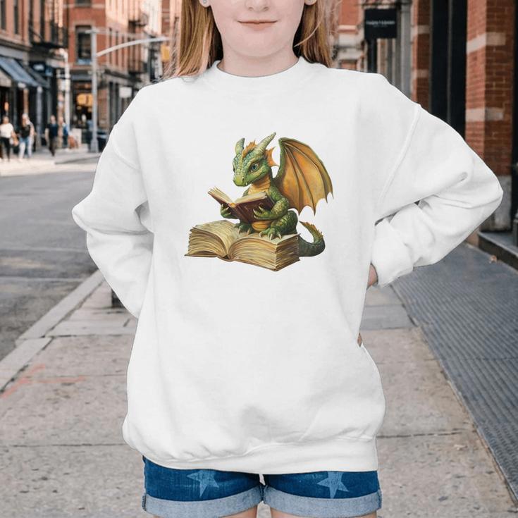 Dragon Bookworm Reading Book Graphic Youth Crewneck Sweatshirt