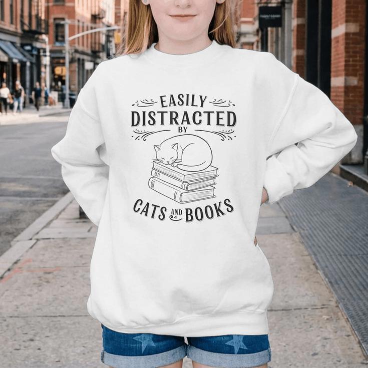 Easily Distracted By Cats And Books For Women Youth Crewneck Sweatshirt
