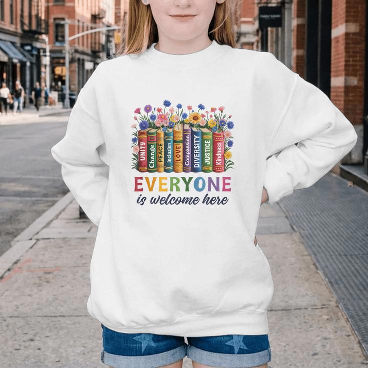 Everyone Is Welcome Here Floral Book LGBT Pride Equality Youth Crewneck Sweatshirt