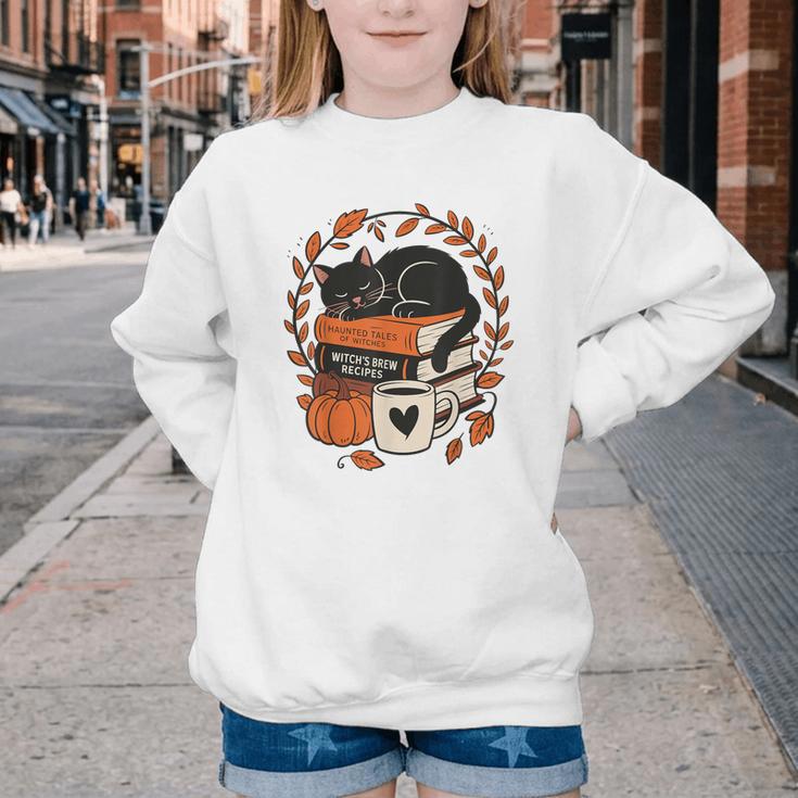 Fall Book Teacher Cat Books Halloween Autumn Librarian Youth Crewneck Sweatshirt