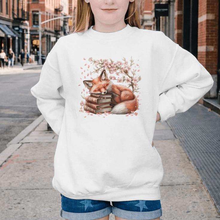 Fox And Book Lover Graphic For Women And Spring Pink Flower Youth Crewneck Sweatshirt