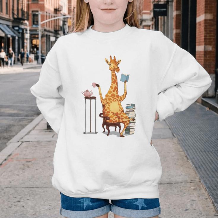 Giraffe Reading Tea Books Coffee Book Lover Graphic Youth Crewneck Sweatshirt