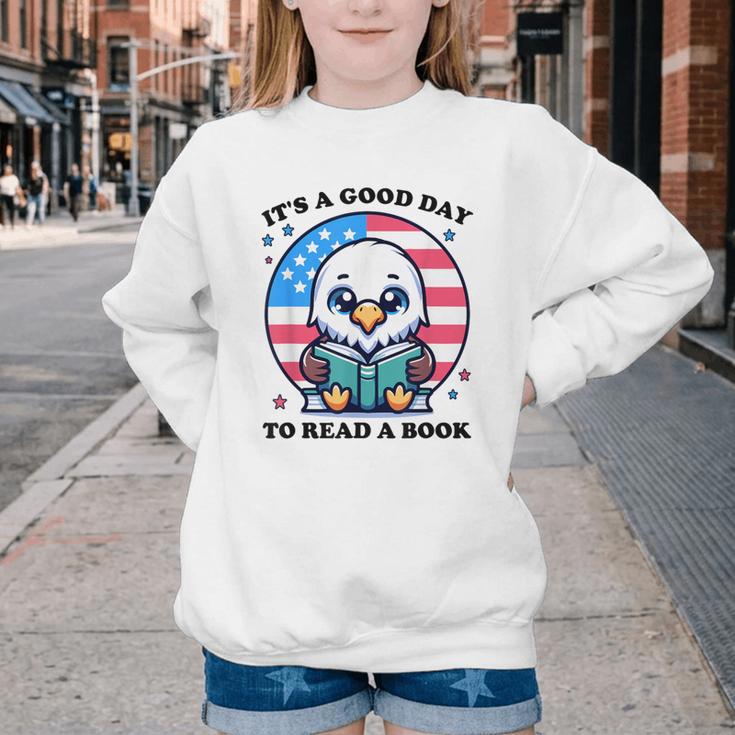 A Good Day To Read a Book Reading Eagle With American Flag Youth Crewneck Sweatshirt