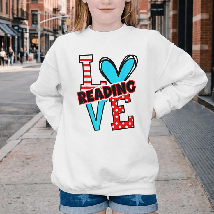 I Heart Books Love Reading Red And Stripe Animated Cat For Men Women Girls Kids Youth Crewneck Sweatshirt