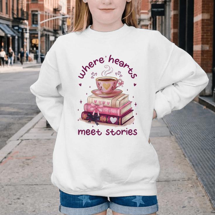 Where Hearts Groovy Meet Stories Coffee Books Valentines Day Youth Crewneck Sweatshirt